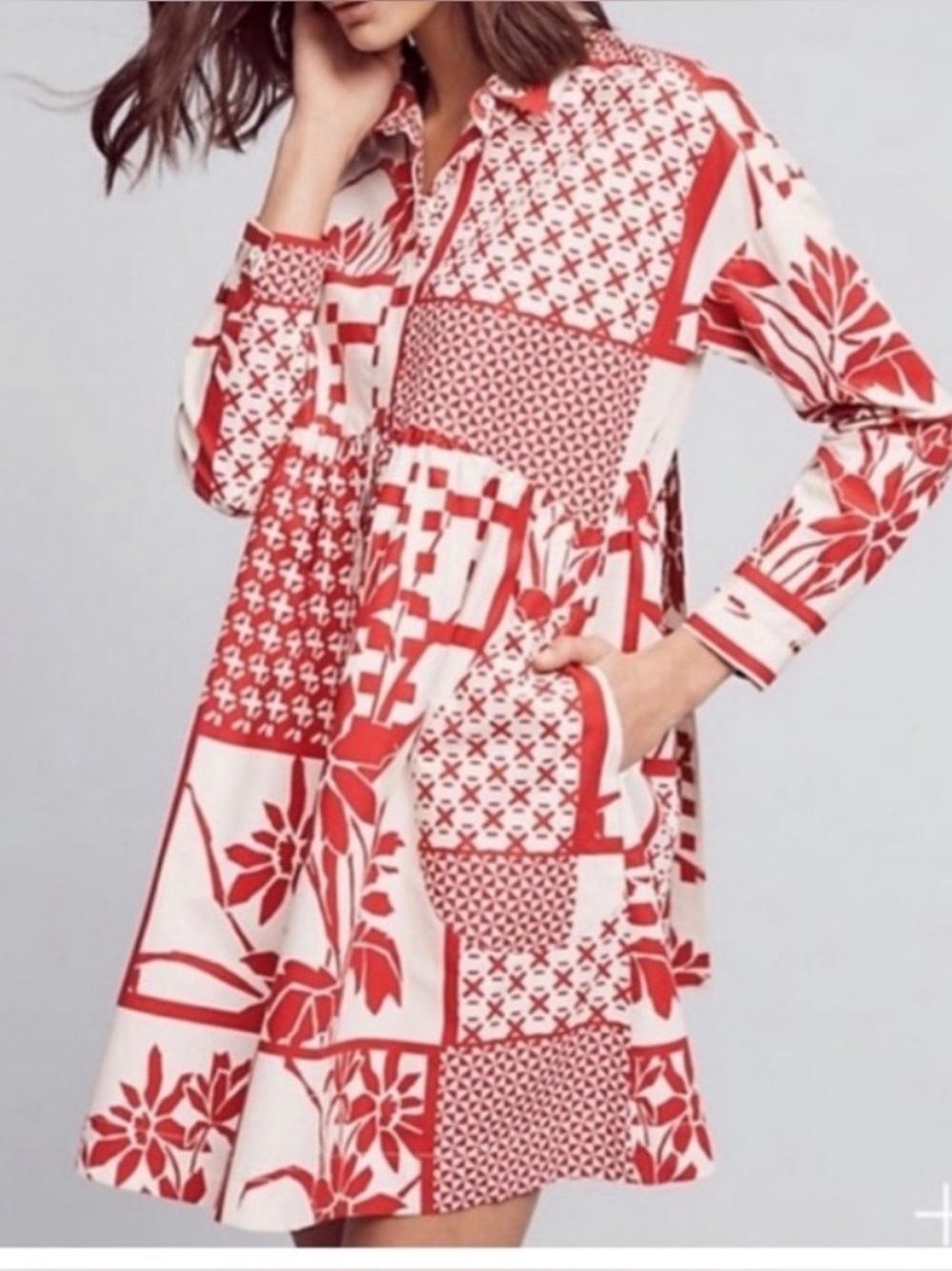 Maeve by Anthropologie Red & Cream Patchwork Shirt Dress